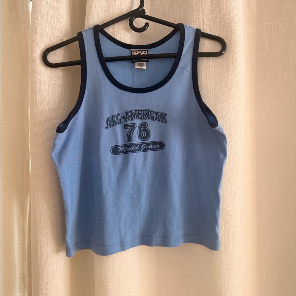 Vintage graphic Mudd Light Blue Tank Top with Navy Trim